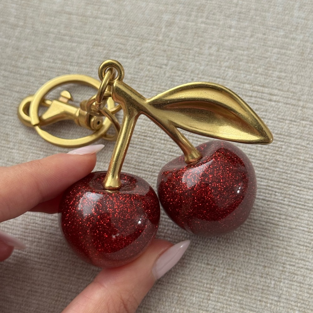 Gold Cherry Pendant Keychain with Red Glitter Cherries
